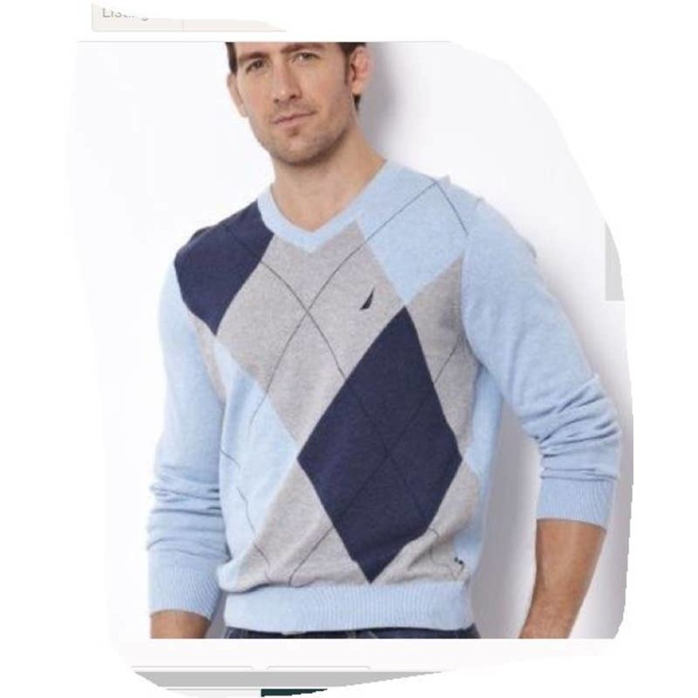Nautica Color Block Long Sleeve  V Neck Sweater| Blue| Gray Size‎ L